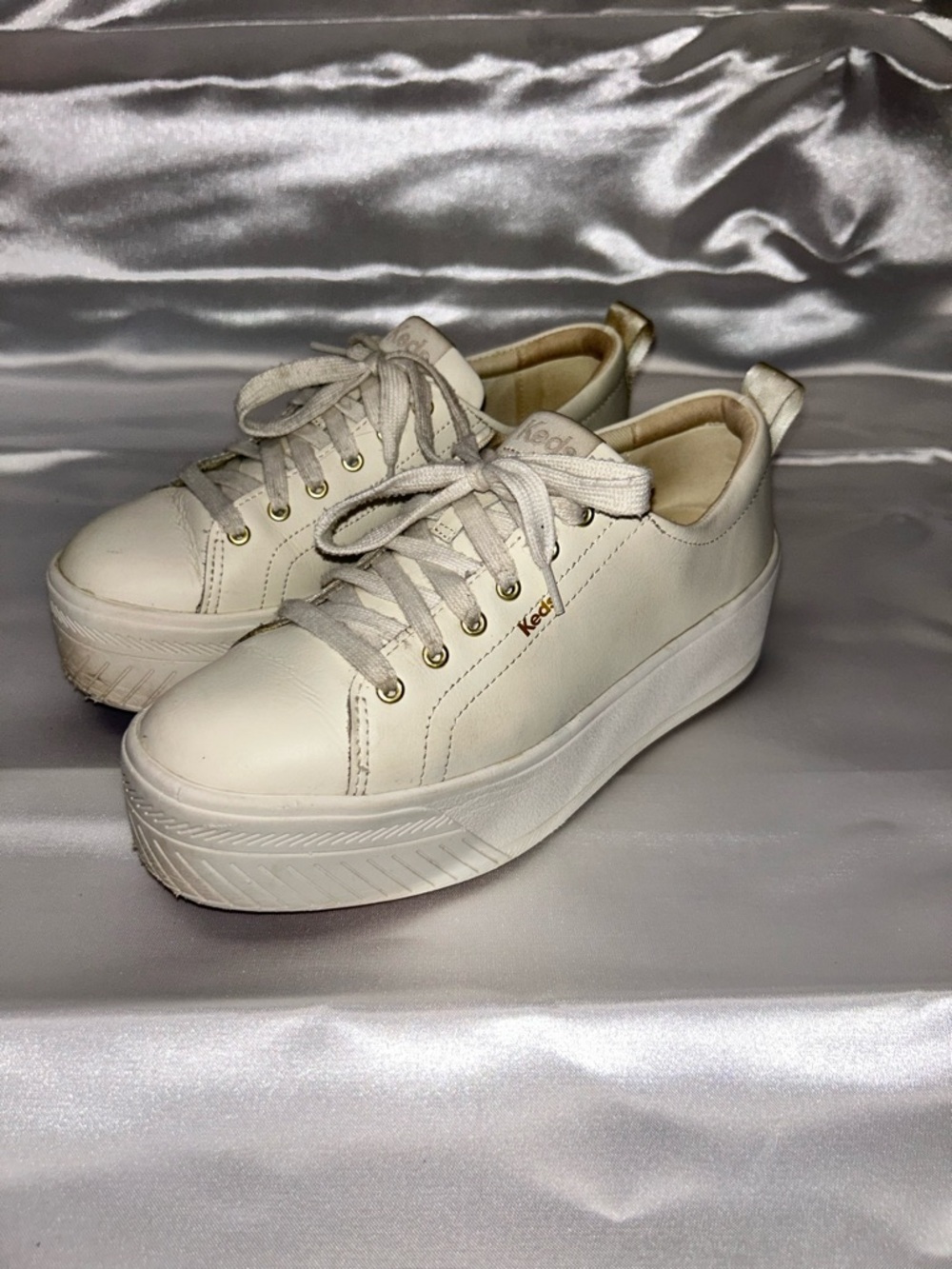Keds Leather Cream Platform Lace-Up Sneakers | Size 7.5 EU 38 UK 5